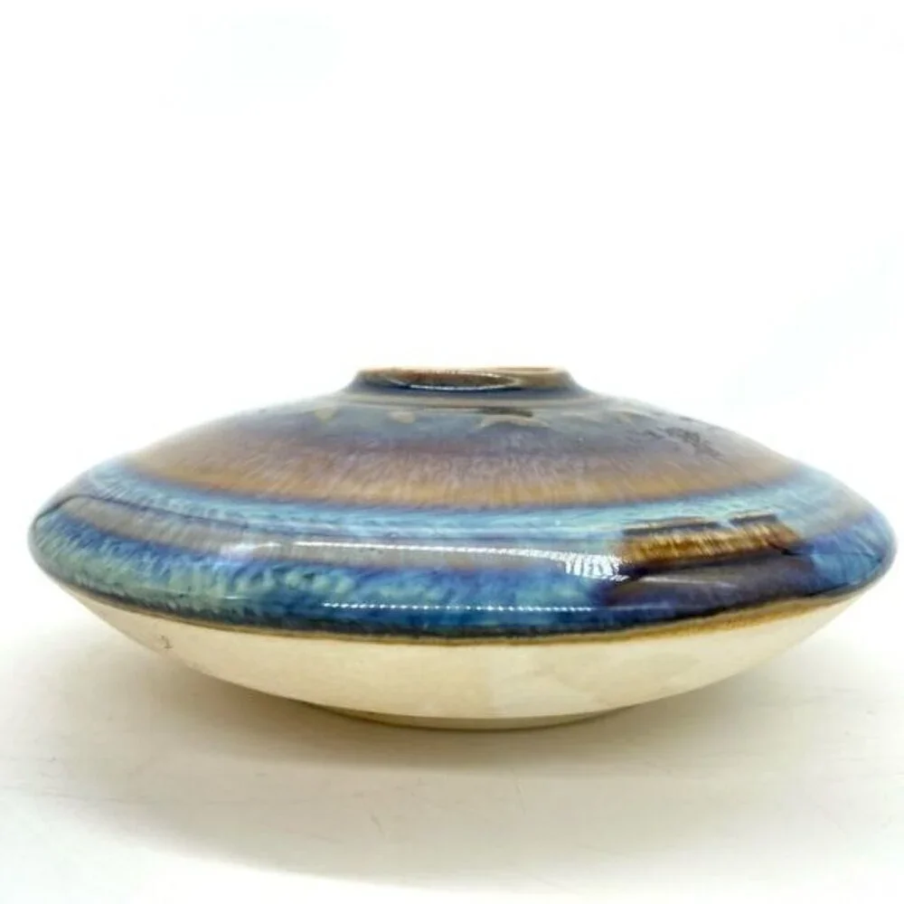 Bill Campbell Art Pottery Oil Lamp Base Flat Vase Drip Glaze Signed